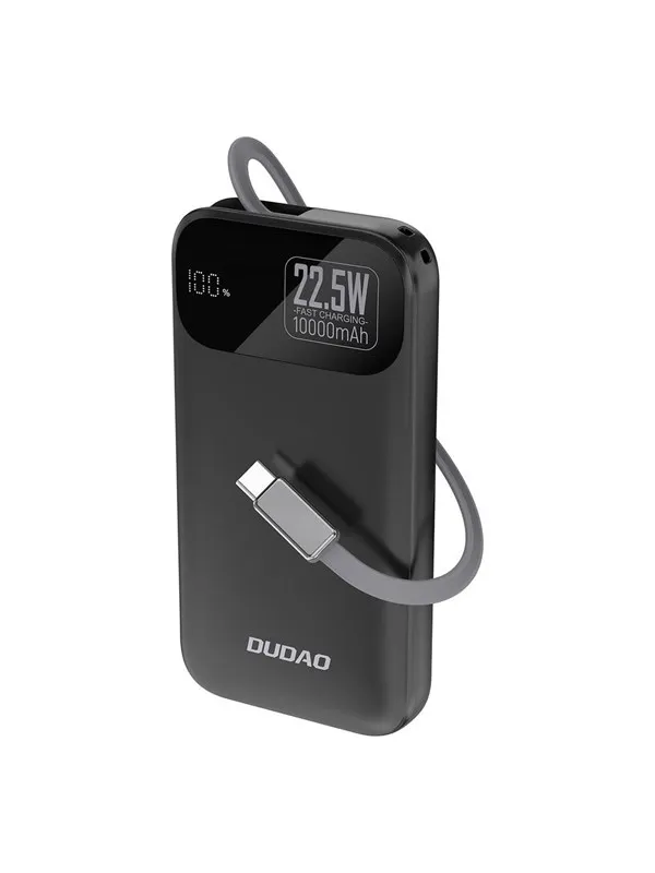Dudao K31 10000 mAh 22.5W PD Powerbank with Built-in Cable - Black Nødlader - Svart - 10000 mAh