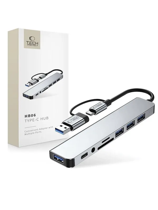 Tech-Protect HB06 HUB Adapter 8in1 TYPE-C + USB2.0 + USB3.0 + SD/TF + AV3.5 - Grey USB-hub - USB 2.0 - 8 porter - Grå