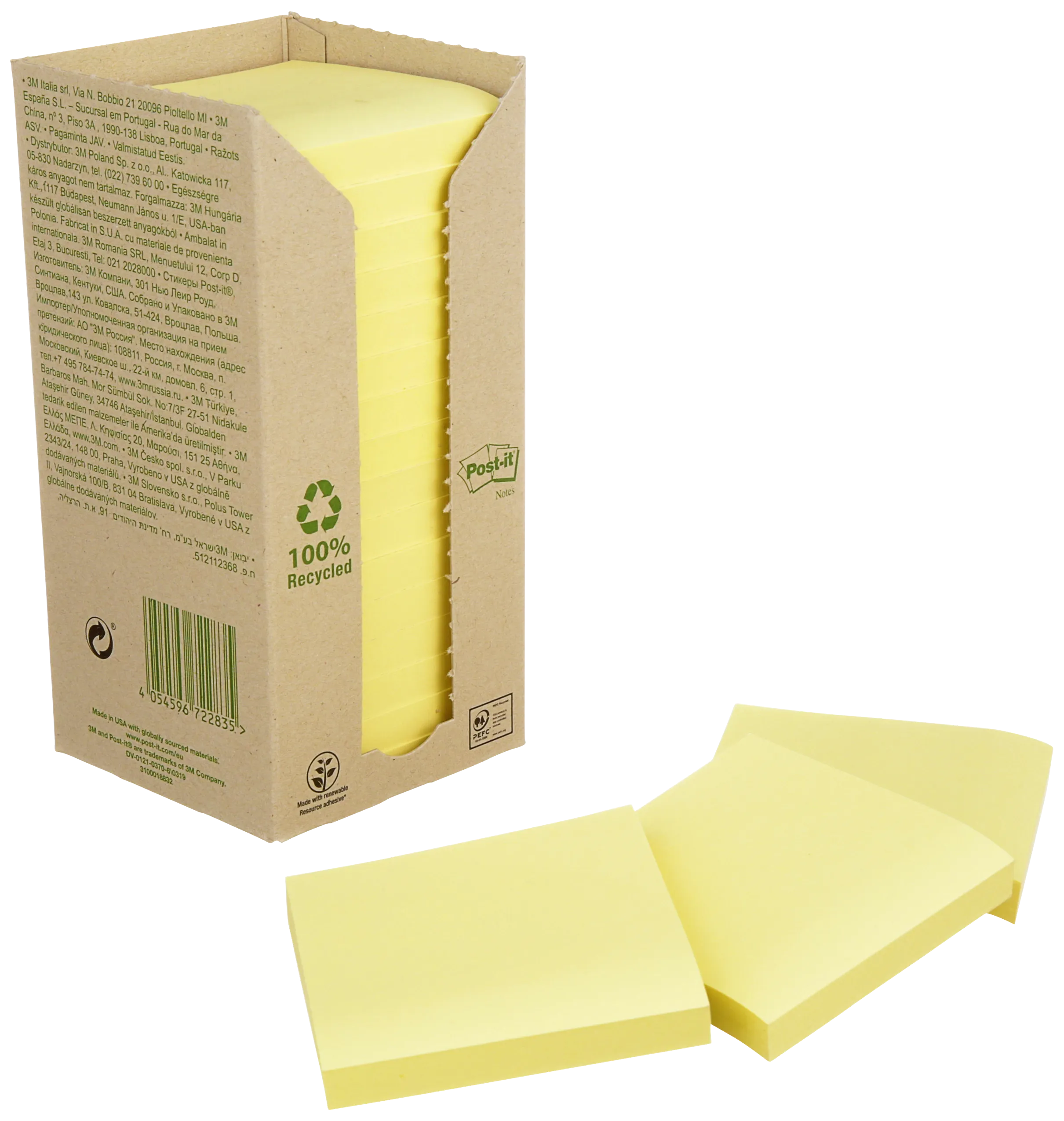 Post-it blokker, gul resirkulert papir, 76×76mm, 16 stk