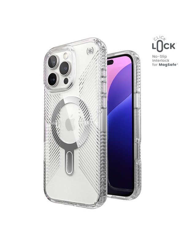 Speck Presidio Perfect-Clear Grip ClickLock & MagSafe - iPhone 16 Pro Max Case - Clear / Chrome Finish / Serene Silver