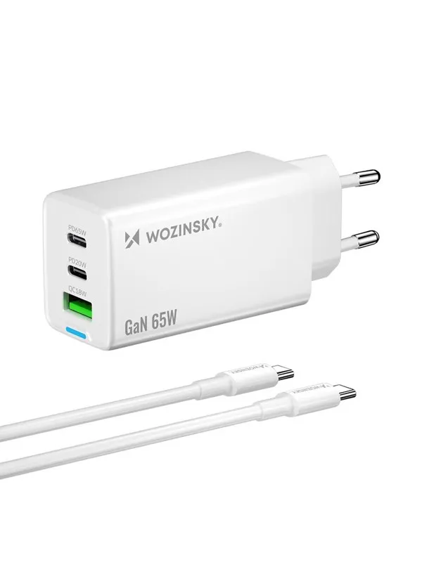 Wozinsky GaN 65W Charger with USB-A 2xUSB-C Ports with 65W USB-C Cable - White