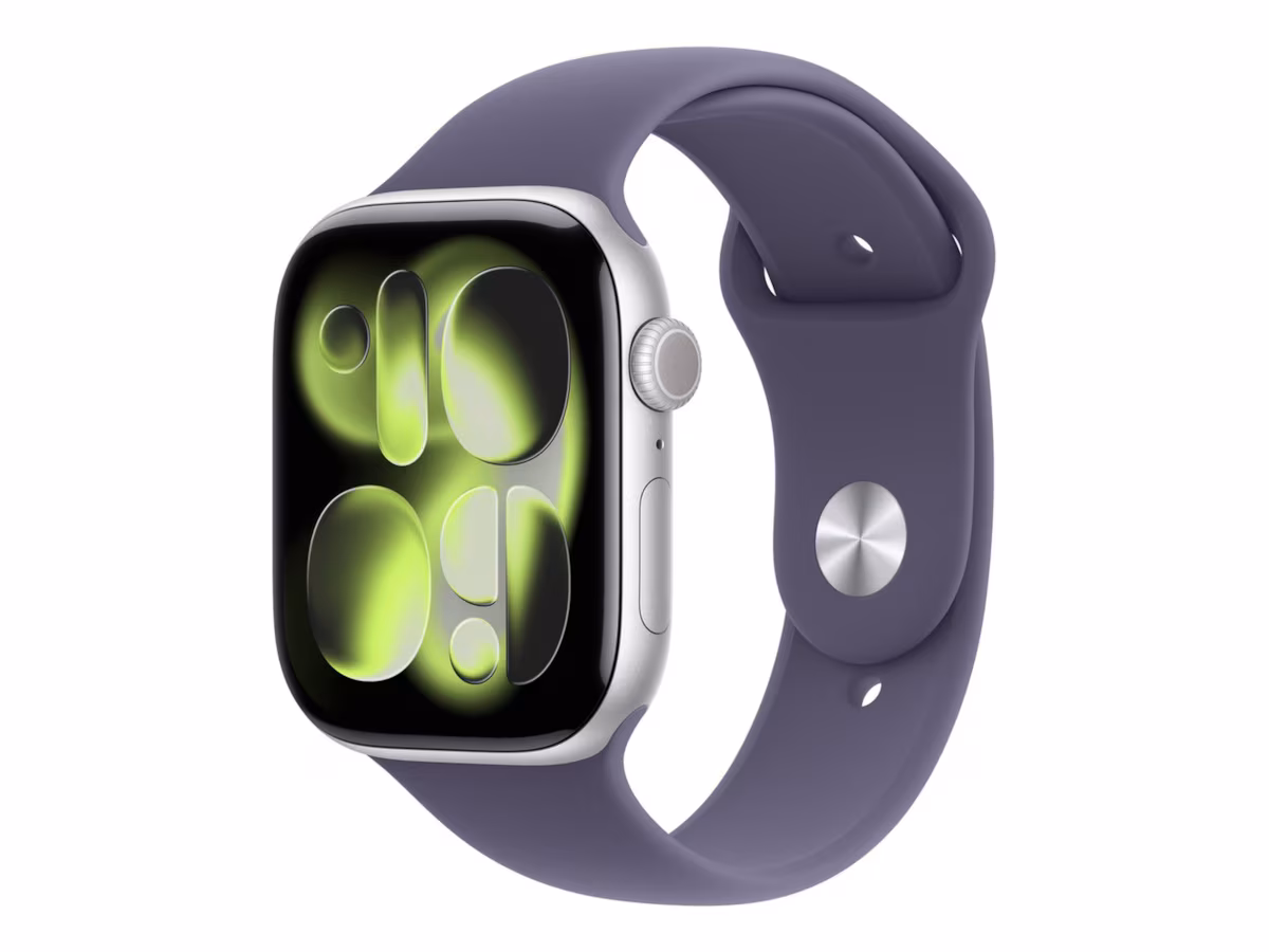 Apple Watch Series 11 GPS + Cellular 46mm Silver Aluminium Case with Purple Fog Sport Band - S/M