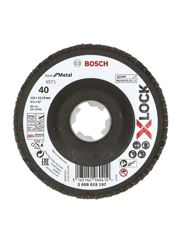 Bosch X-LOCK-lamellslipeskiver, vinklet modell, fiberplate, Ø115 mm, G 40, X571, Best for Metal, 1 stk. D= 115 mm, G= 40, vinklet