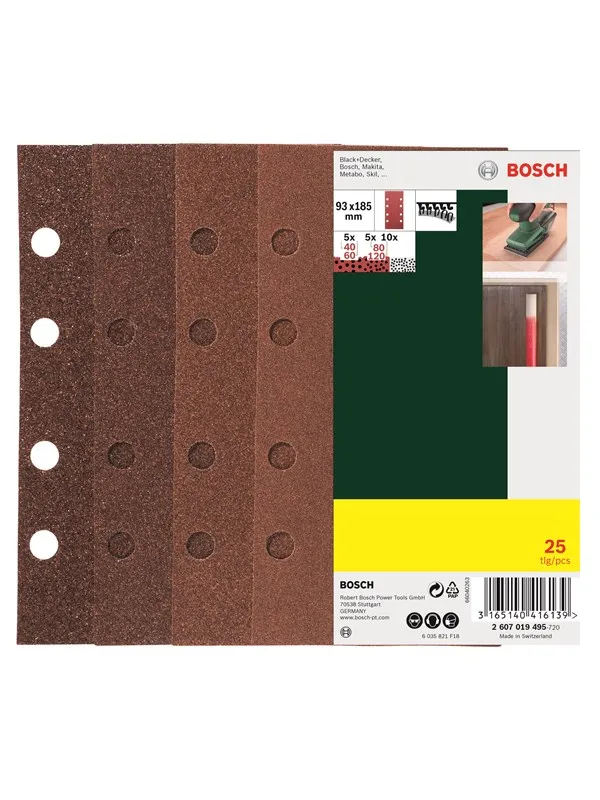 Bosch 25-delers slipepapirsett til plansliper, korning 40, 60, 80, 120 G= 40, 60, 80, 120