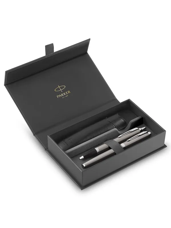 Parker IM Duo Pen Gift Set | Fountain Pen Ballpoint Pen & Pen Pouch | Stainless Steel Finish with Chrome Trims | Medium Tip