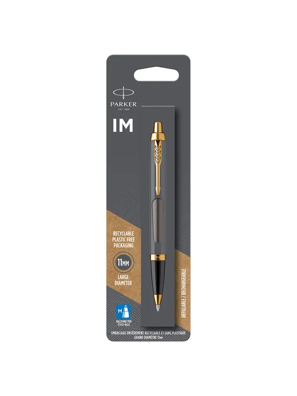 Parker IM Ballpoint Pen | Grey Lacquer with Gold Trims | Medium Point | Blue Ink Refill
