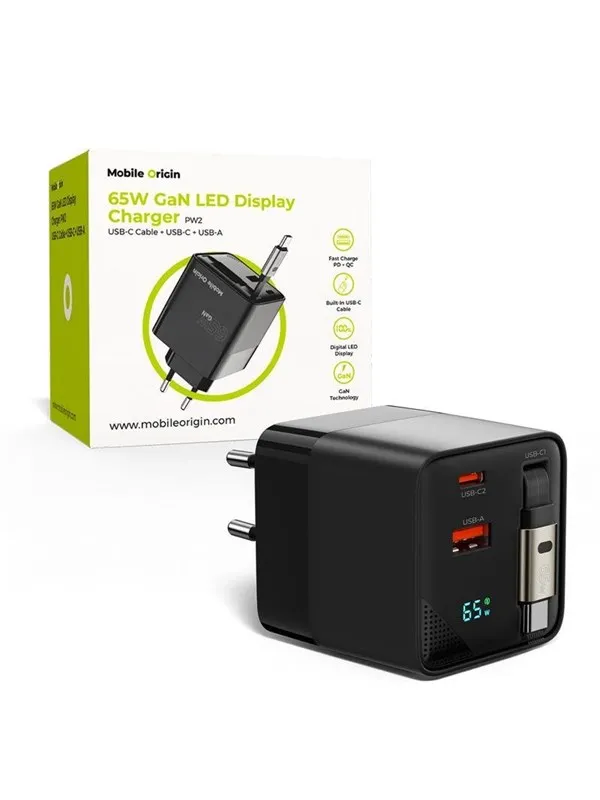 Mobile Origin 65W GaN Display Charger PW2 - USB-C Self-Retracting Cable + USB-C + USB-A