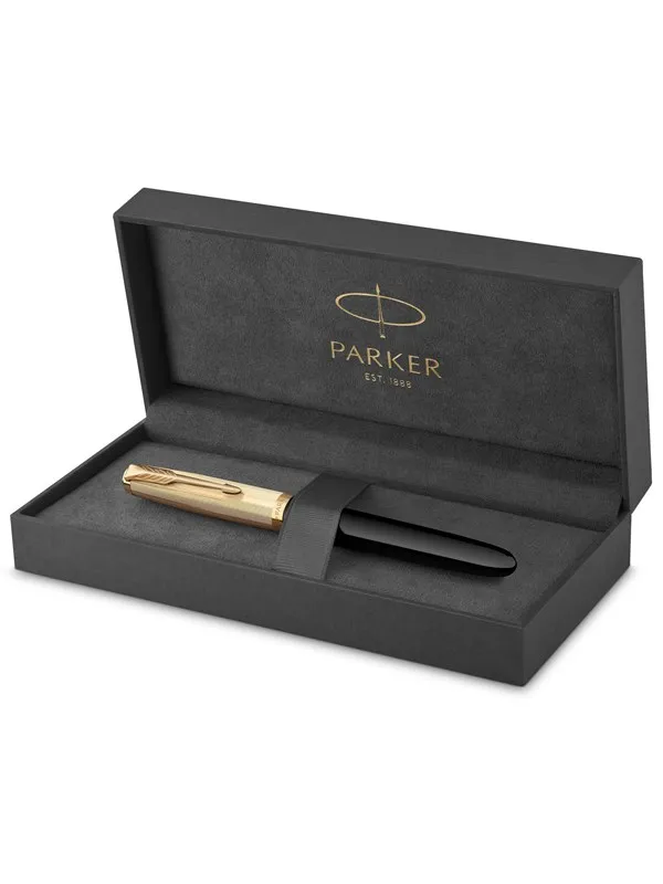 Parker 51 Fountain Pen | Deluxe Black Barrel with Gold Trim | Fine 18k Gold Nib with Black Ink Cartridge | Gift Box