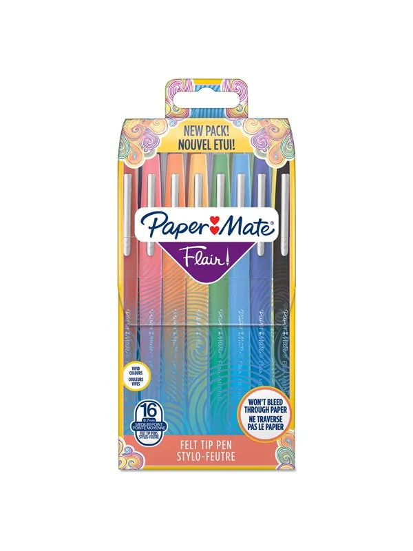 Paper Mate Flair Felt Tip Pens | Medium Tip (0.7 mm) | Assorted Colours | 16 Count Pouch