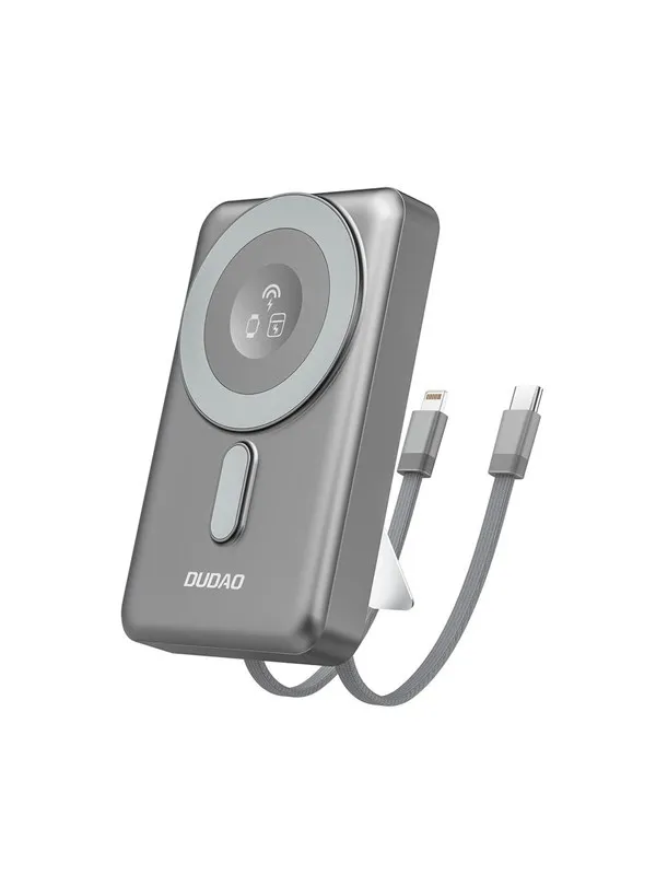 Dudao K29 10000mAh PD 20W MagSafe Power Bank with Metal Case Stand and Built-in USB-C/ Lightning Cables - Gray Nødlader - Grey - 10000 mAh