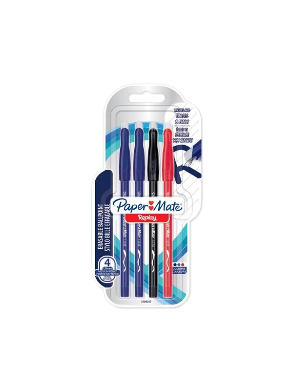Paper Mate Replay Erasable Ballpoint Pen | Medium Point (1.0mm) | Assorted Colours | 4 Count