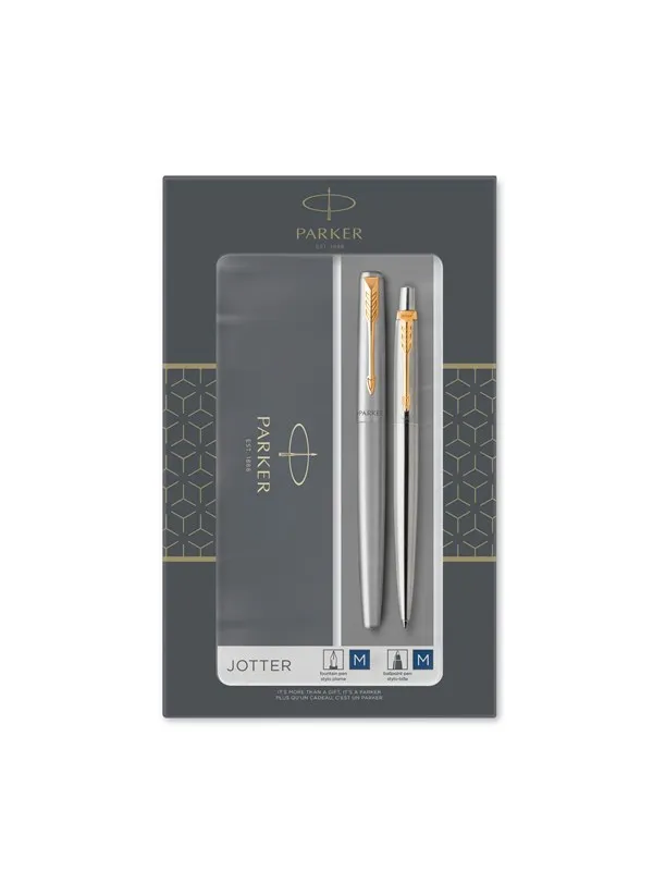 Parker Jotter Duo Gift Set with Ballpoint Pen & Fountain Pen | Stainless Steel with Gold Trim | Blue Ink Refill & Cartridges | Gift Box
