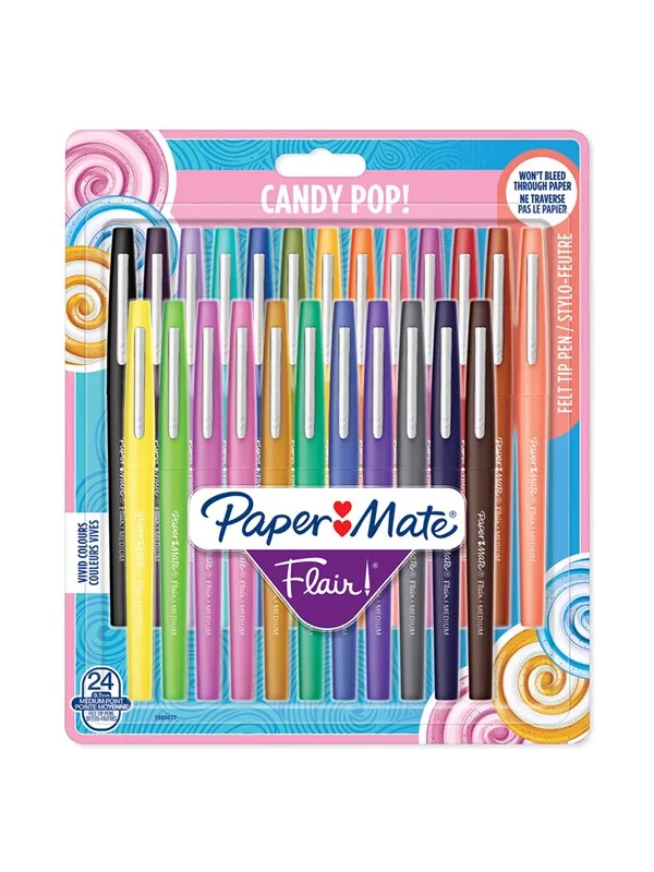 Paper Mate Flair Felt Tip Pens | Medium Point (0.7mm) | Assorted Candy POP Colours | 24 Count