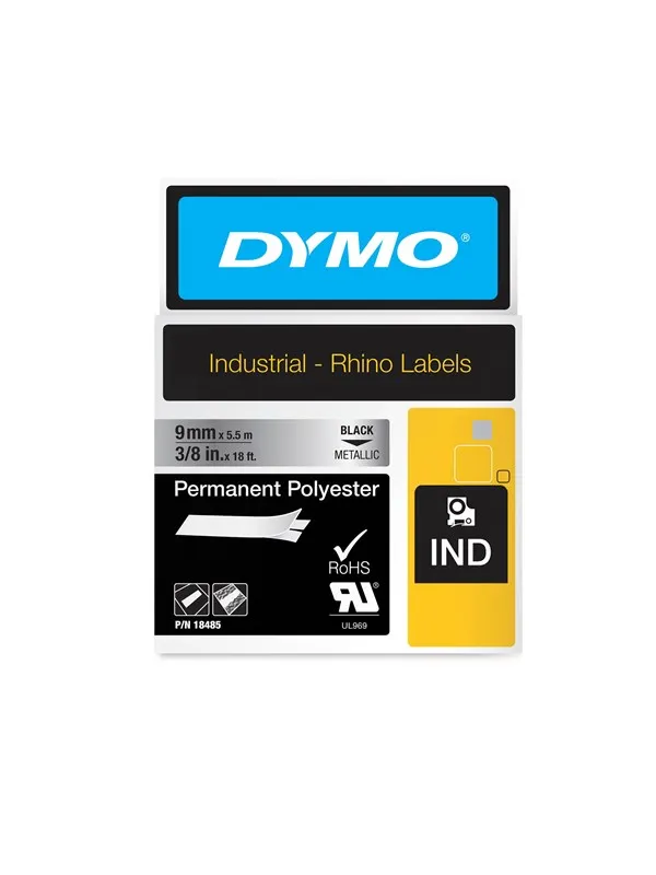 DYMO Dymo Rhino permanent polyester 9mm x 5.5m - sort på metallic