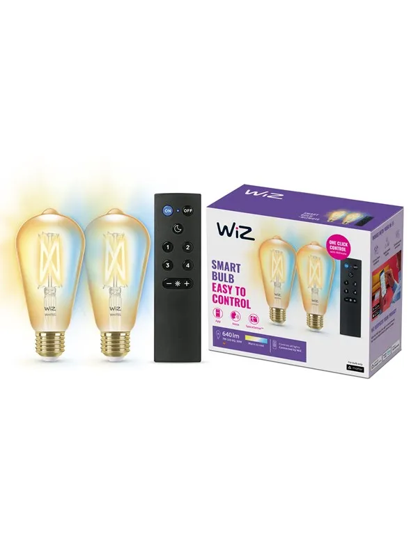 WiZ ST64 E27 Amber Smart Filament Pære 2-Pakning med Fjernkontroll - Dimbar varm til kald Hvit LED