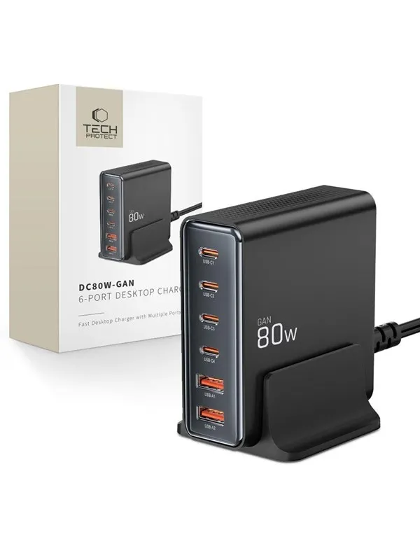 Tech-Protect DC80W-GAN 6-PORT PD80W/QC3.0 Charging Station - Black