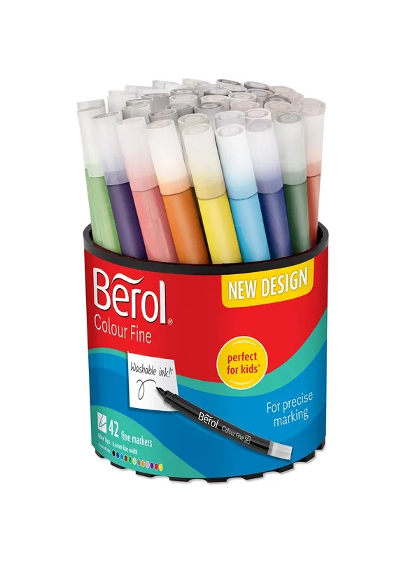 Berol filtspiss fargetusjer, tynn spiss (0,6mm), vaskbar, assorterte farger, eske med 42 stk.