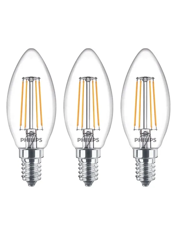 Philips LED-lyspære Classic Candle 4.3W/827 (40W) Clear 3-pack E14