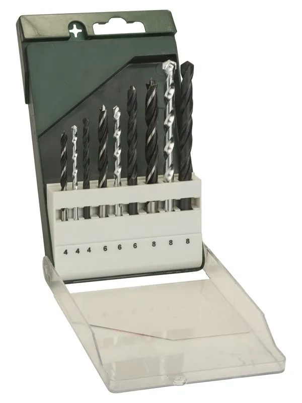 Bosch 9-delers bor-sett: Metall HSS-R/stein/treverk 4,0 mm x 75 mm; 6,0 mm x 93 mm; 8,0 mm x 117 mm; 4,0 mm x 75 mm; 6,0 mm x 100 mm; 8,0 mm x 120 mm; 4,0 mm x 75 mm; 6,0 mm x 92 mm; 8,0 mm x 115 mm