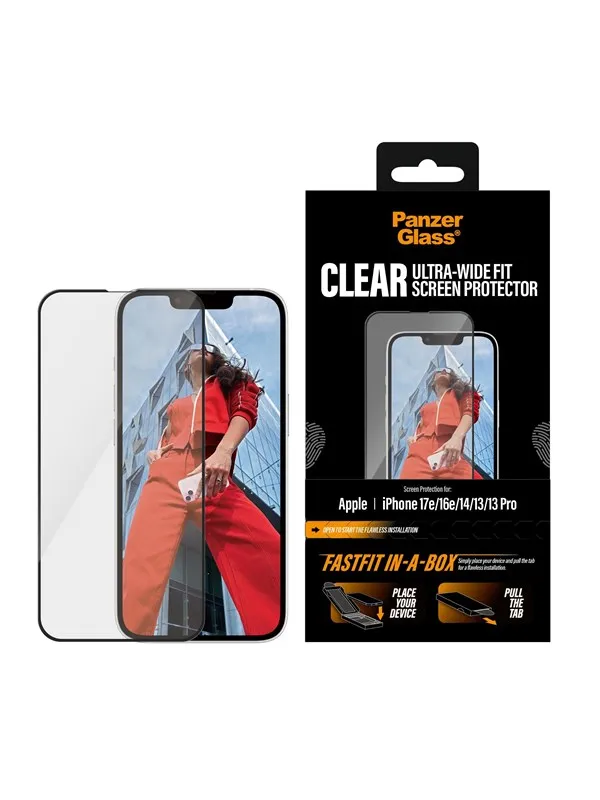 PanzerGlass Screen Protector iPhone 17e | 16e | 14 | 13 | 13 Pro | Ultra-Wide Fit w. FASTFIT IN-A-BOX