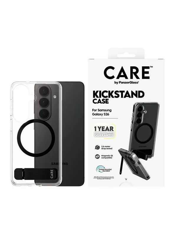 CARE by PanzerGlass Urban Explorer Case Transparent w. Black Kickstand & Qi Samsung Galaxy S26