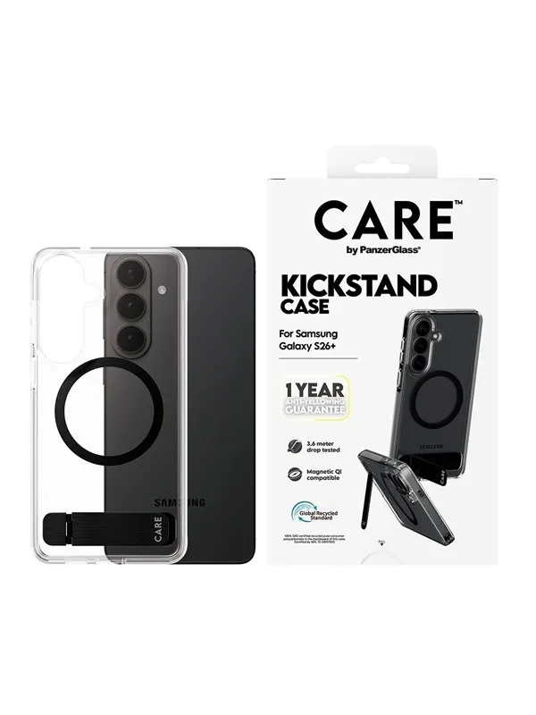 CARE by PanzerGlass Urban Explorer Case Transparent w. Black Kickstand & Qi Samsung Galaxy S26+
