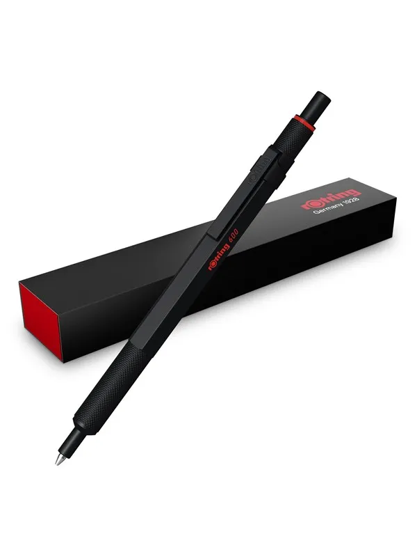 Rotring 600 Gel Pen | 0.55 mm | Black Ink | Black Metal Body Pen | Non-Slip Knurled Grip & Hexagonal Barrel | Refillable