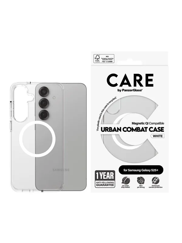 CARE by PanzerGlass Flagship Case Transparent Urban Combat w. White QI Compatible Samsung Galaxy S25+
