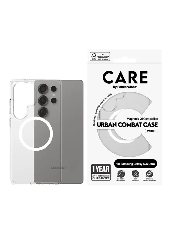 CARE by PanzerGlass Flagship Case Transparent Urban Combat w. White QI Compatible Samsung Galaxy S25 Ultra