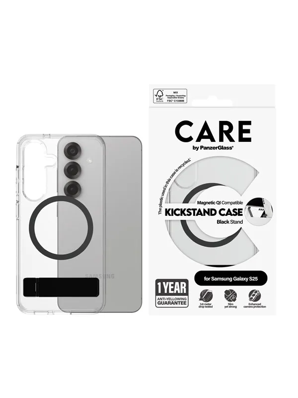 CARE by PanzerGlass Feature Case Transparent w. Black Kickstand & QI Compatible Samsung Galaxy S25