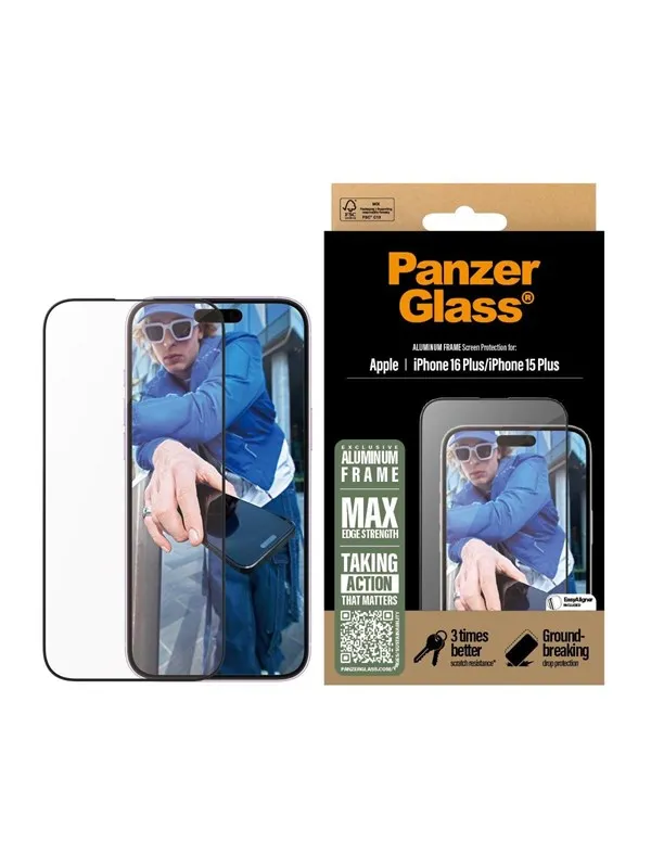 PanzerGlass Screen Protector Aluminum Frame iPhone 16 Plus | Ultra-Wide Fit