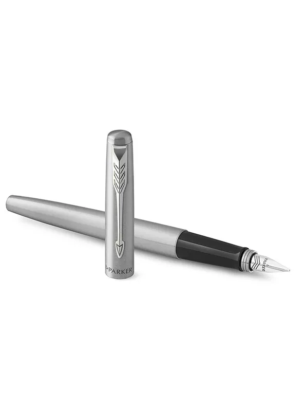 Parker Jotter Fountain Pen | Stainless Steel with Chrome Trim | Medium Nib Blue Ink | Gift Box