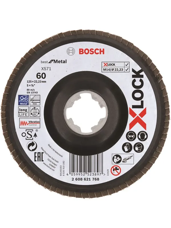 Bosch X-LOCK-lamellslipeskiver, vinklet modell, plastplate, Ø125 mm, G 60, X571, Best for Metal, 1 stk. D= 125 mm, G= 60, vinklet