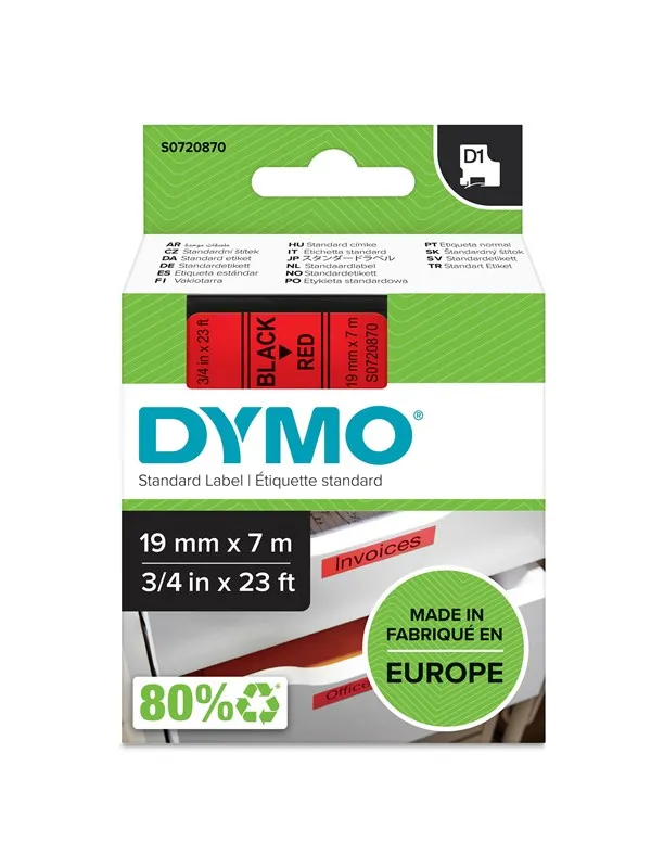 DYMO D1 tape, 19mm x 7m rull, sort på rød