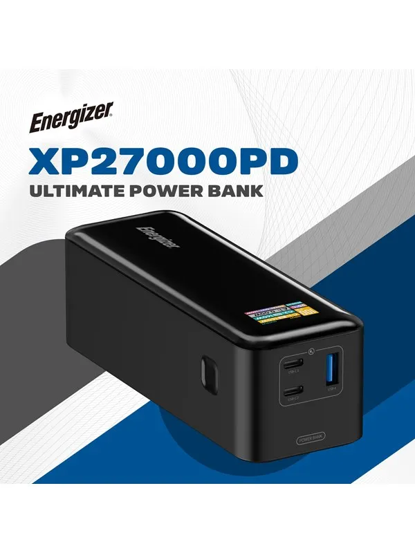Energizer Powerbank - 140W - 2x USB-C PD 3.1 - USB-A Nødlader - Svart - 27000 mAh