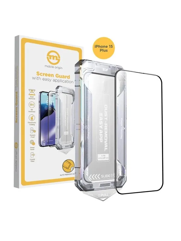Mobile Origin Yellow Screen Guard iPhone 15 Plus with easy application