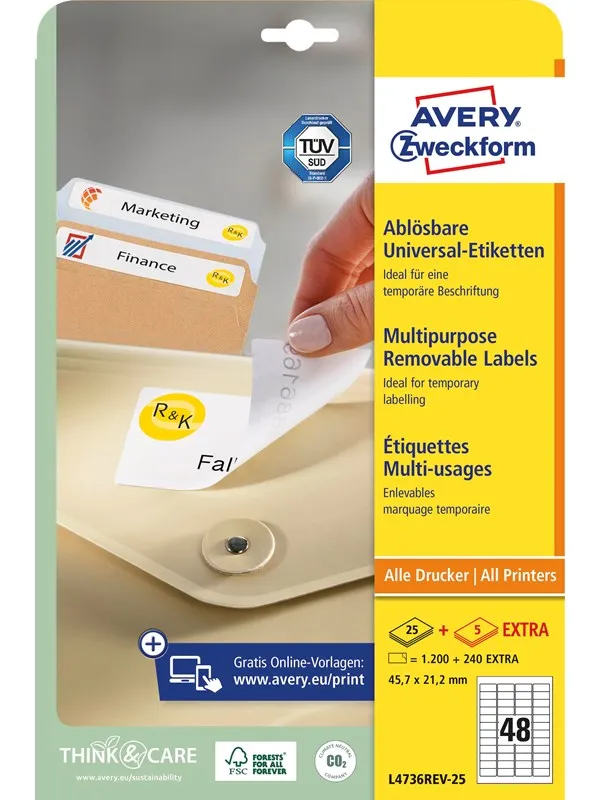 Avery Avtagbare flerbruksetiketter , Til alle skrivere, 45,7 x 21,2 mm, Hvit