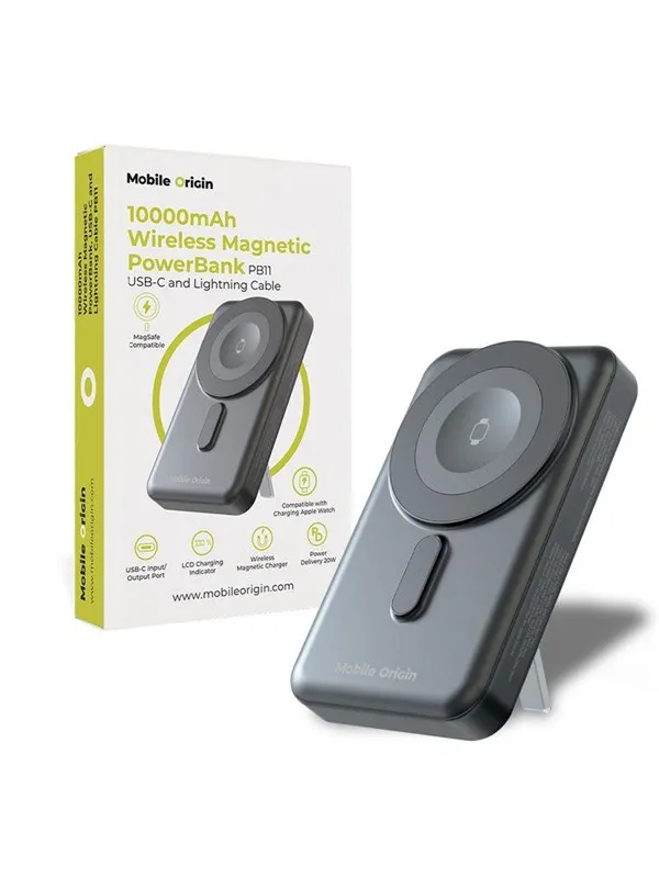 Mobile Origin Wireless Magnetic PowerBank 10000mAh - USB-C and Lightning Cable PB11 Nødlader - Grey - 10000 mAh