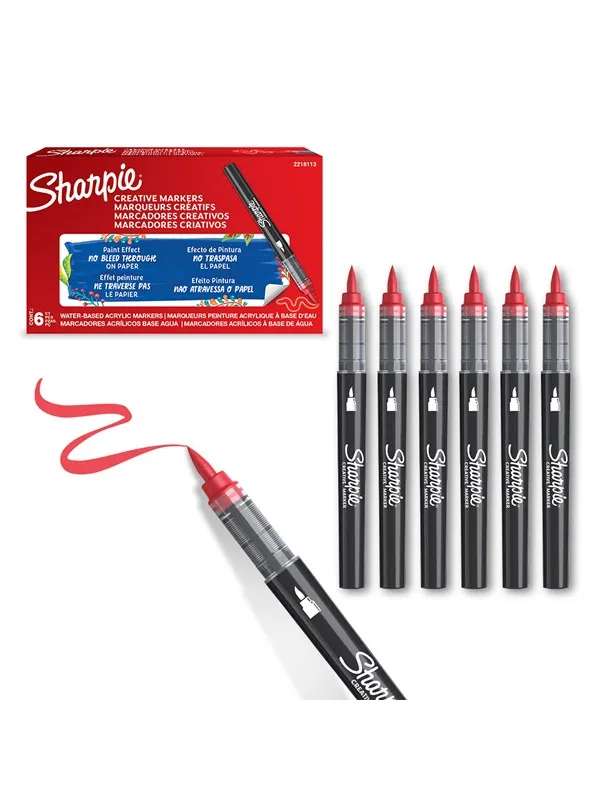 Sharpie Creative Marker Acrylic Paint Pens | Brush Tip Water-Based Paint Markers | Red | 6 Count