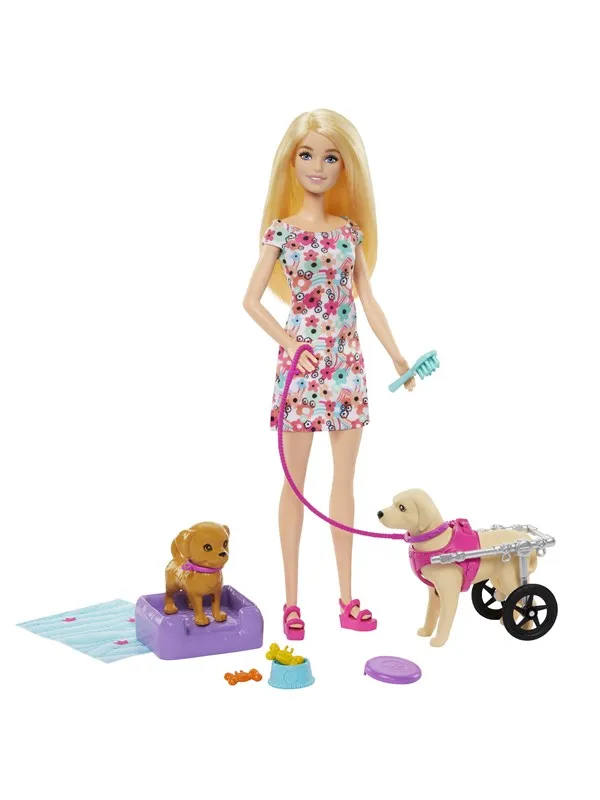 Barbie Doll with Pup and Dog in a Wheelchair