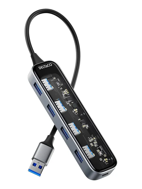 Deltaco Transparent USB-A hub 5 Gbps 4x USB-A USB-hub - 4 porter - Transparent