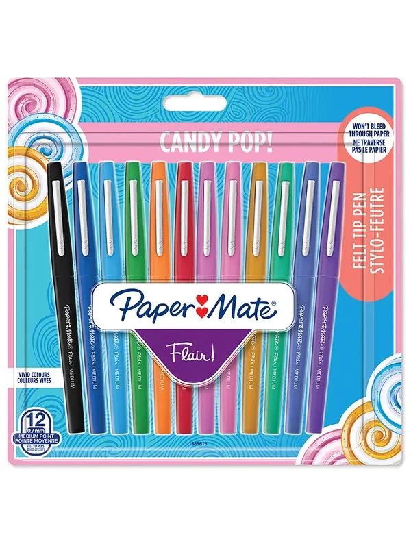 Paper Mate Flair Felt Tip Pens | Medium Point (0.7mm) | Assorted Candy POP Colours | 12 Count