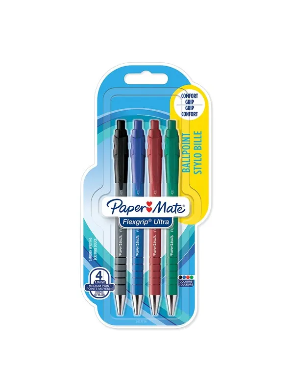 Paper Mate Flexgrip Ultra Retractable Ballpoint Pens | Medium Point (1.0mm) | Assorted Colours | 4 Count