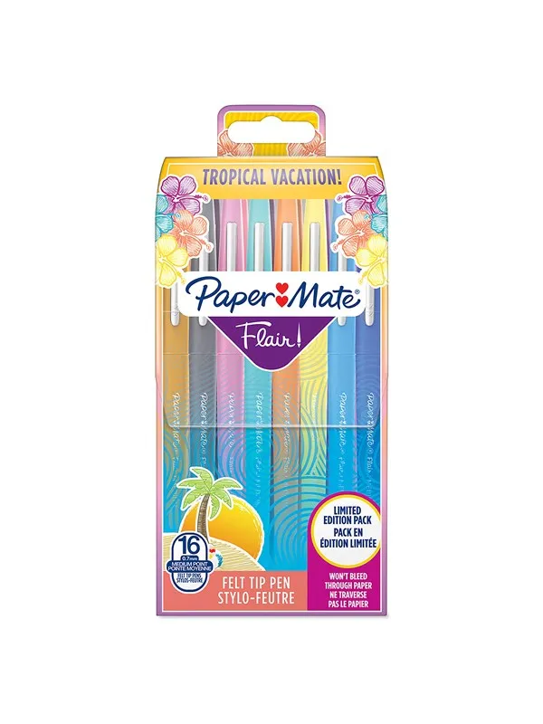 Paper Mate Flair Felt Tip Pens | Medium Point (0.7mm) | Assorted Tropical Vacation Colours | 16 Count Pouch