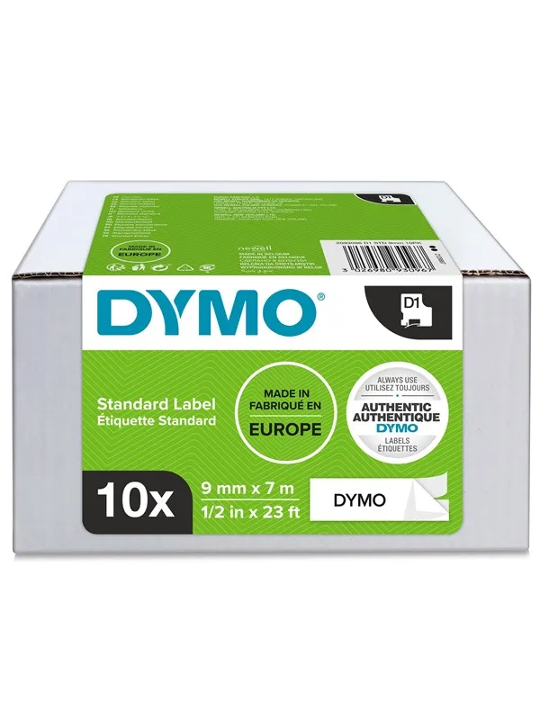 DYMO D1 tape, 9mm x 7m rulle, sort på hvit, 10 ruller