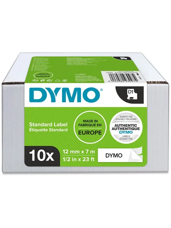DYMO D1 tape, 12mm x 7m rull, sort på hvit, 10 ruller