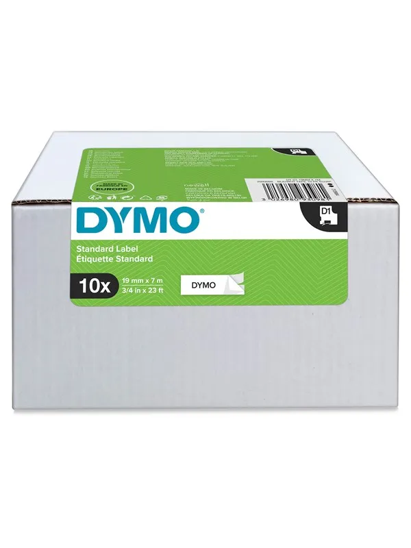 DYMO D1 tape, 19mm x 7m rull, sort på hvit, 10 ruller