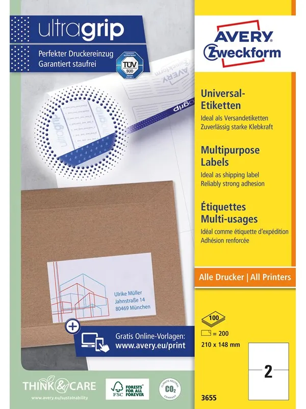 Avery Universaletiketter, 210 x 148 mm, 200 Etiketter, Hvit
