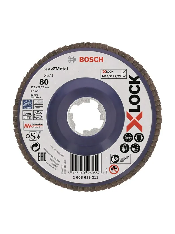 Bosch X-LOCK-lamellslipeskiver, rett modell, plastplate, Ø125 mm, G 80, X571, Best for Metal, 1 stk. D= 125 mm, G= 80, rett
