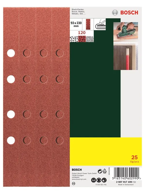 Bosch 25-delers slipepapirsett til plansliper, 8 hull, korning 120 G= 120